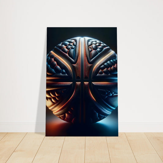 Basketball artwork featuring embossed surface detail with warm and cool lighting, creating dramatic shadow and texture.
