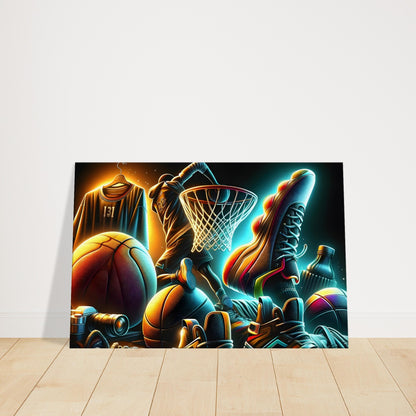 Basketball-themed artwork with gear including basketballs, sneakers, and jersey under neon lighting, celebrating sport and culture.