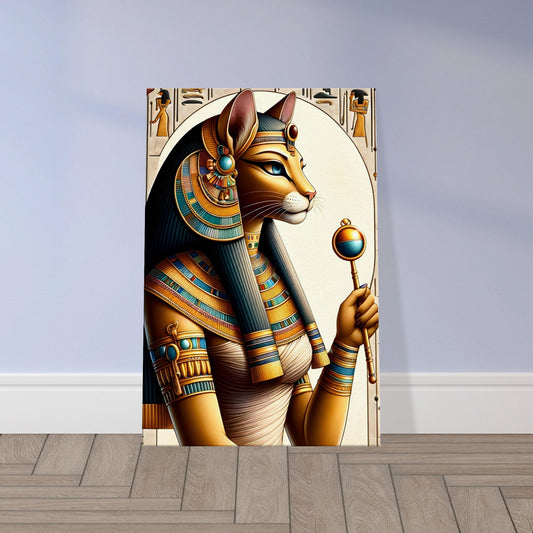 Egyptian goddess Bastet with cat or lioness head, wearing jewelry and holding a sistrum, symbolizing harmony and protection.