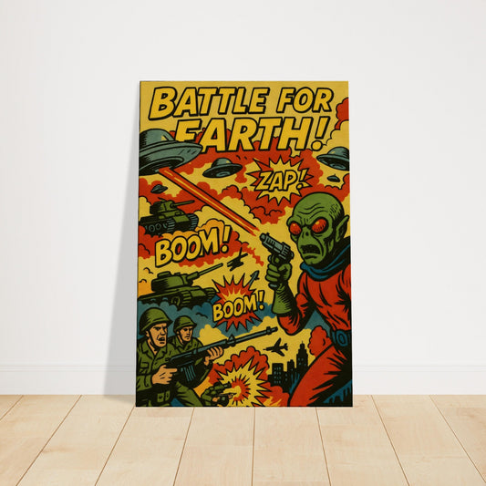 Vintage 1950s comic art of alien invaders attacking soldiers with UFOs, explosions, and ZAP and BOOM text.