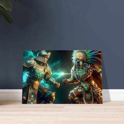 A Mongolian warrior and Aztec Jaguar Knight in glowing traditional armor confront each other on a dark, cosmic-lit battlefield.