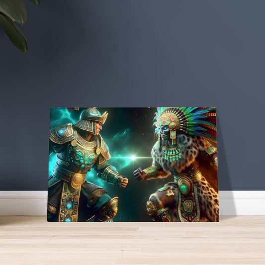 A Mongolian warrior and Aztec Jaguar Knight in glowing traditional armor confront each other on a dark, cosmic-lit battlefield.