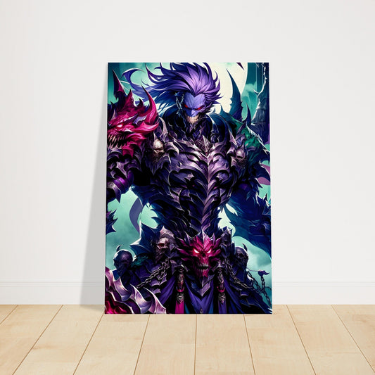 Fierce armored warrior wielding a deadly weapon, set in a dark, eerie fantasy landscape with glowing ambient shadows.