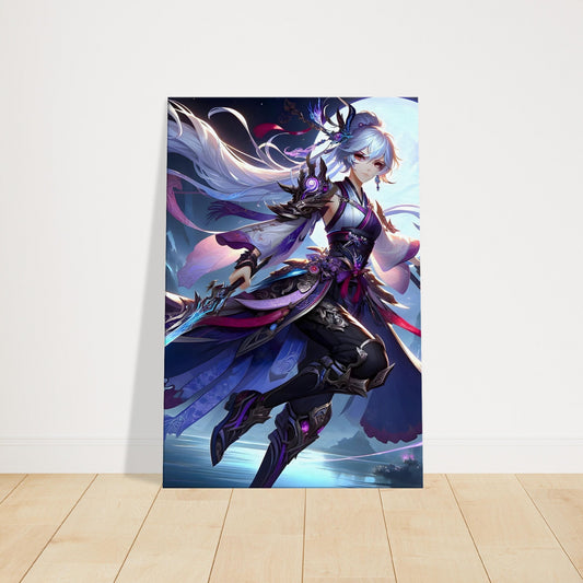 Detailed anime-style artwork of a beautiful warrior woman in battle armor, set against a dark night fantasy landscape with glowing purple and blue tones.