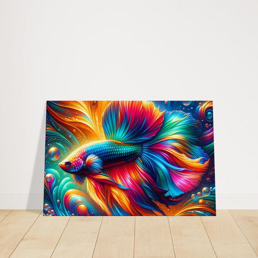 Pop art Betta fish with vibrant red, blue, and yellow colors against an abstract water-inspired background.