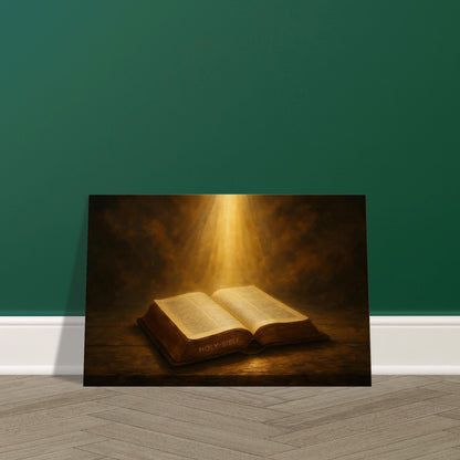 Open Bible glowing with radiant golden light streaming from above, resting on wooden table, 3:2 landscape, displayed on premium canvas wall art print.