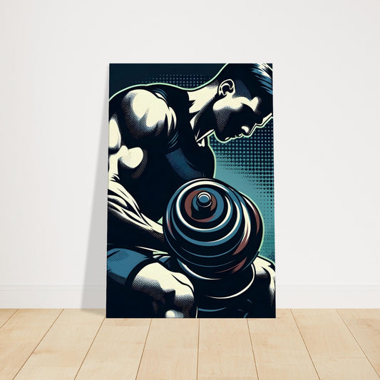 Pop art canvas of a person performing a bicep curl in dark tones with neon highlights