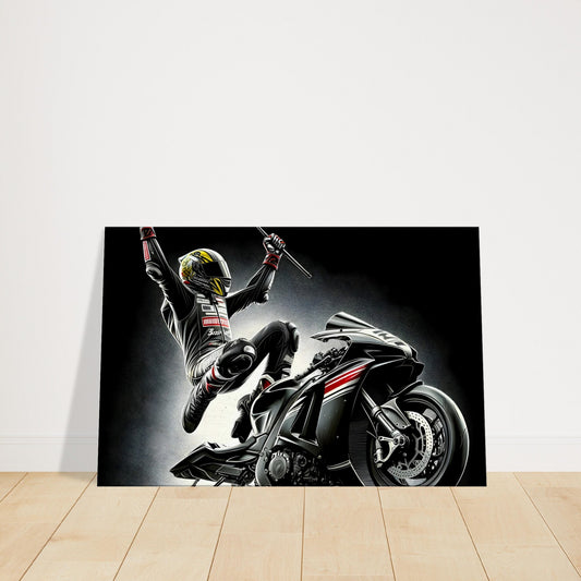Motorcycle racer raising a hand in victory while riding at speed, with motion details emphasizing the thrill of the win.