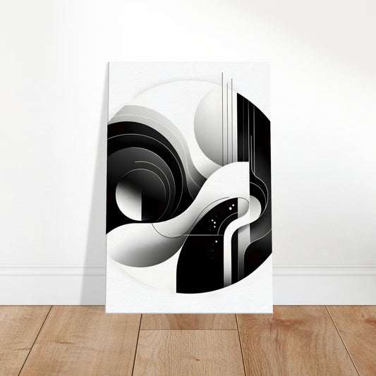 Abstract black and white artwork with circular shapes and sharp lines, blending curves and geometry in a modern, minimalist design for canvas display.