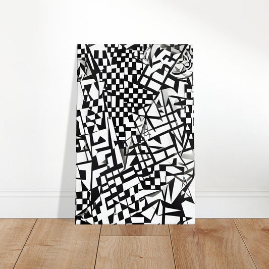 Monochrome abstract artwork featuring layered black and white squares and shapes creating a 3D geometric illusion.