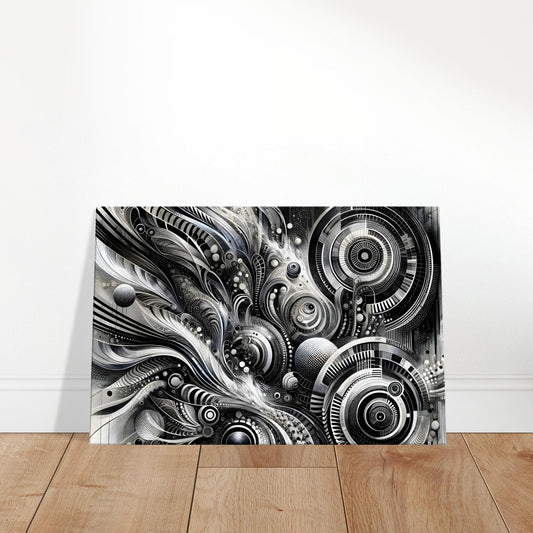 Black and white abstract artwork featuring bold and fine lines in intricate patterns, creating depth and visual rhythm for canvas display.