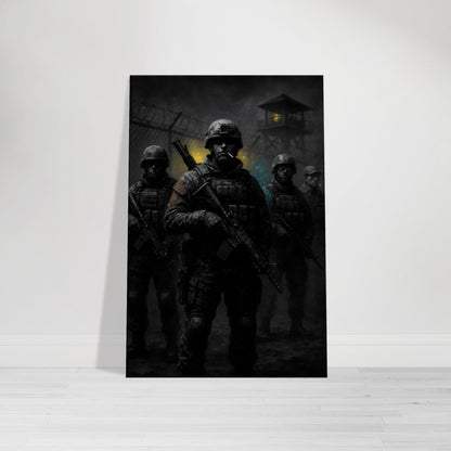Dark, atmospheric military art of soldiers at a secret base with glowing accents and gritty detail. Tactical and cinematic from the Warfare Division collection.