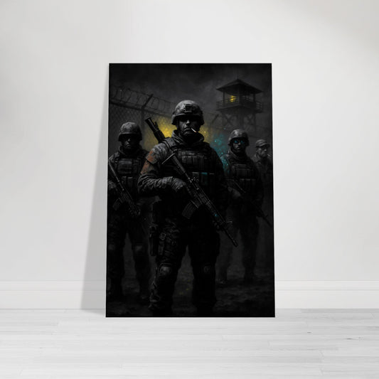Dark, atmospheric military art of soldiers at a secret base with glowing accents and gritty detail. Tactical and cinematic from the Warfare Division collection.
