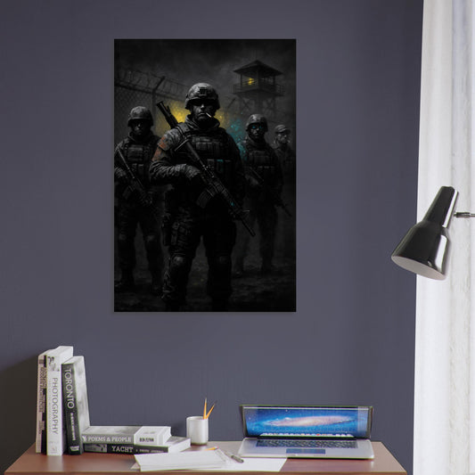 Dark, atmospheric military art of soldiers at a secret base with glowing accents and gritty detail. Tactical and cinematic from the Warfare Division collection