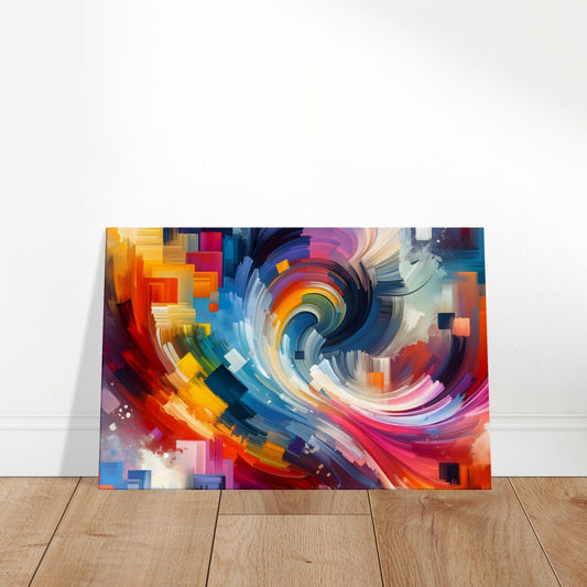 Abstract canvas with swirling geometric blocks and vibrant colours forming a vortex-like composition.