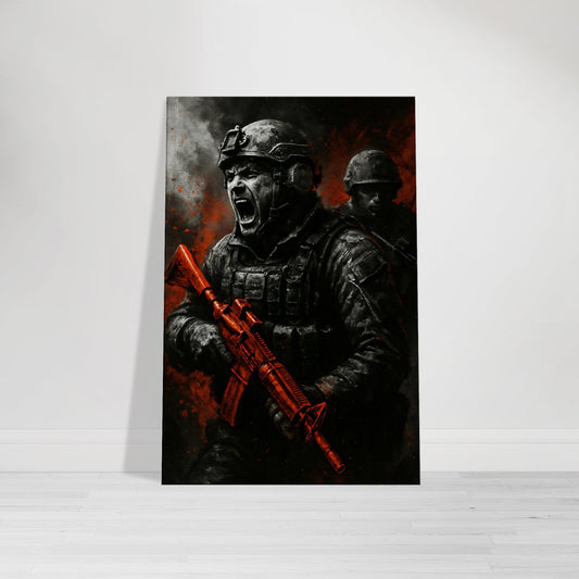 Explosive military wall art of two soldiers in the heat of battle, one mid-scream with vivid red accents. A bold, emotional centerpiece from the Warfare Division collection.