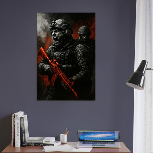 Explosive military wall art of two soldiers in the heat of battle, one mid-scream with vivid red accents. A bold, emotional centerpiece from the Warfare Division collection.