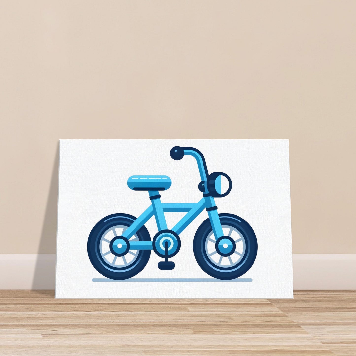 Cartoon-style blue bicycle with large friendly eyes on a white background.