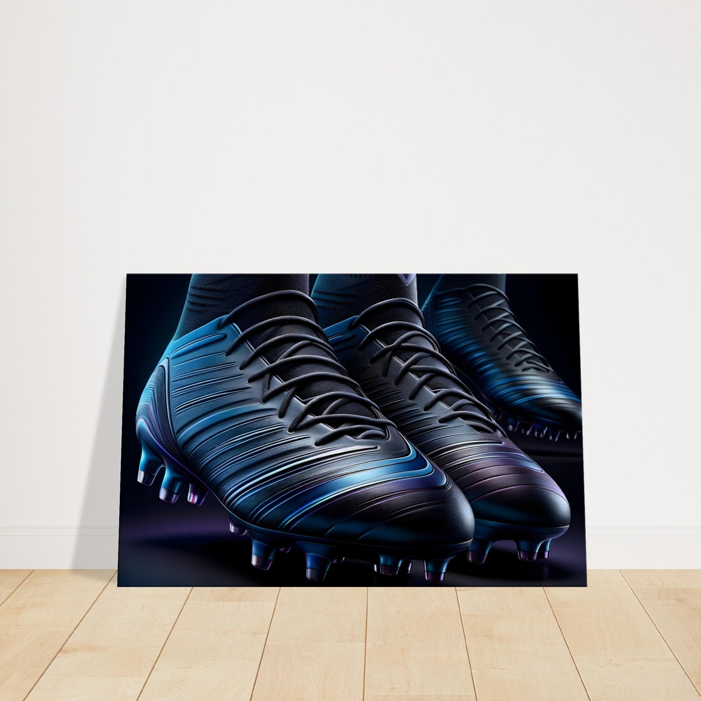 Canvas print of futuristic football boots with a black to blue gradient and glowing design accents.