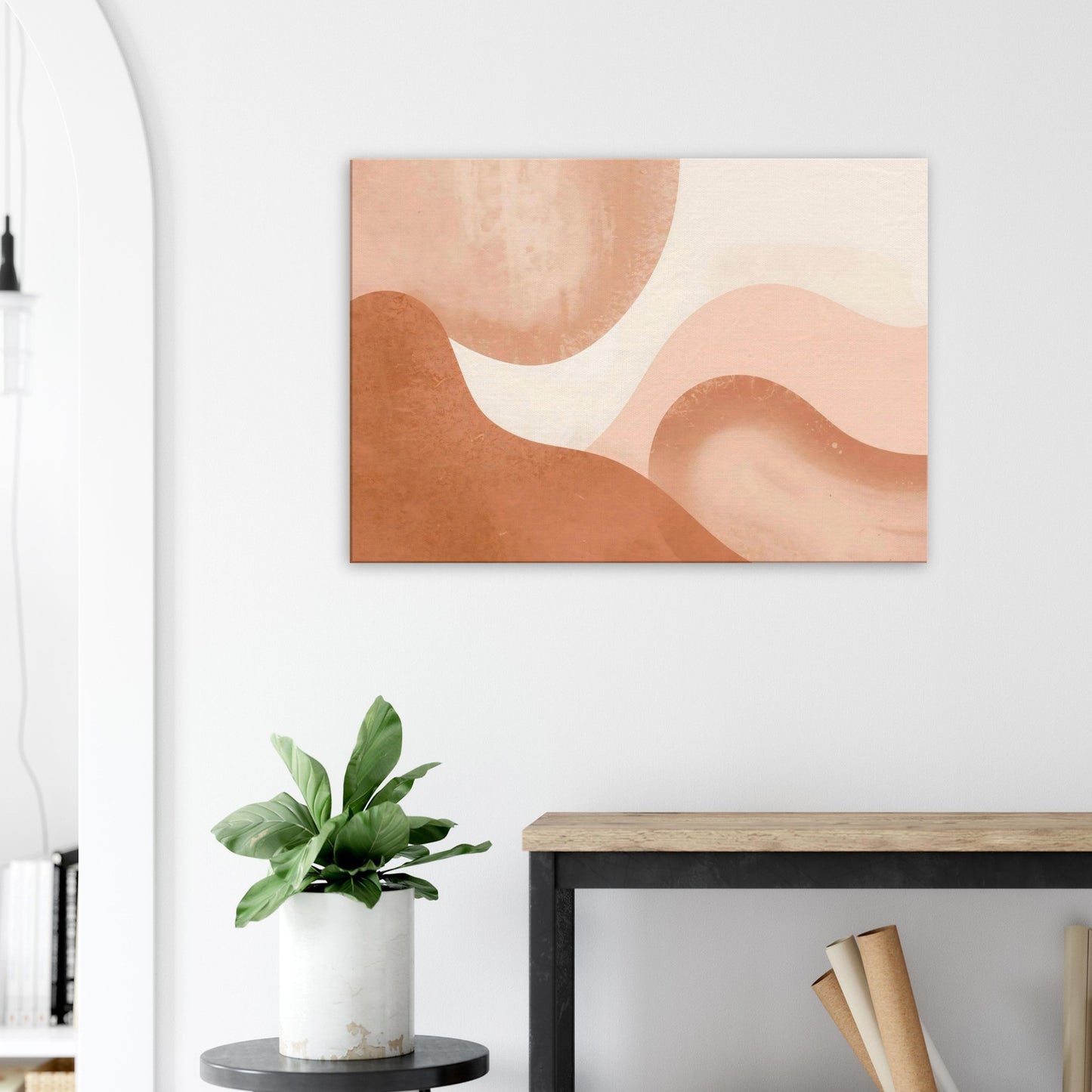 Warm abstract canvas featuring flowing blush and clay dune-like curves with soft gradients.