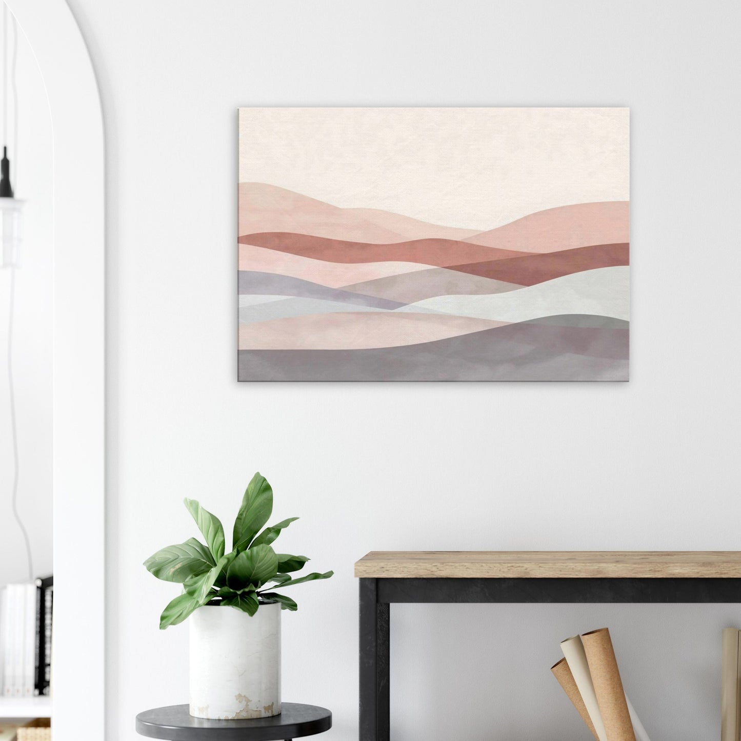 Landscape canvas with horizontal layers in dusty pink, cream, and gentle beige evoking calm serenity.