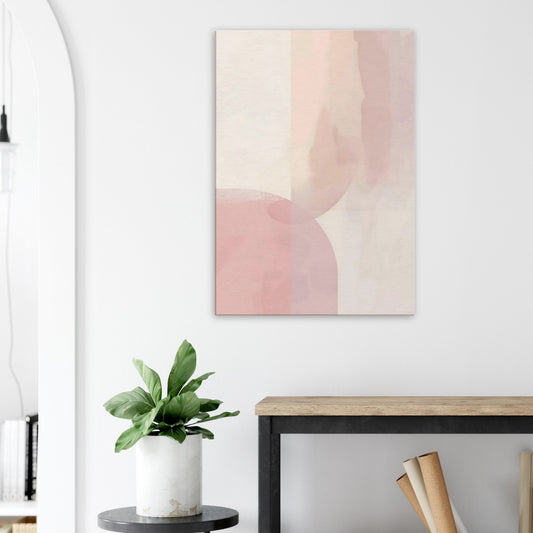 Portrait canvas with vertical dusty pink, cream, pale blush, and taupe layers evoking pastel serenity.