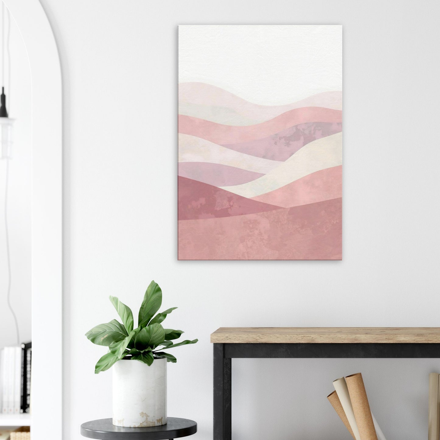 Portrait canvas with vertical dusty pink, cream, pale blush, and taupe layers evoking pastel serenity.