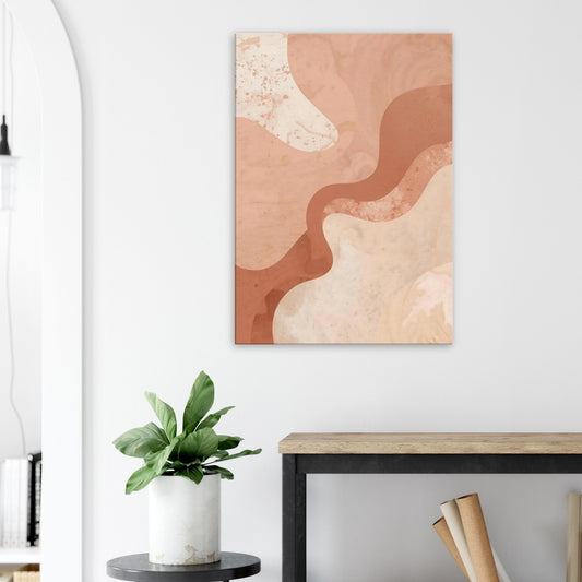 Warm blush and sandstone abstract canvas artwork with flowing mineral-like curves.