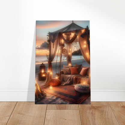 Bohemian beach tent with lanterns, cushions, and bonfire under a sunset sky.