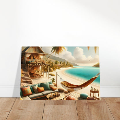 Bohemian hammock and deck with cushions under palm trees on a tropical beach.