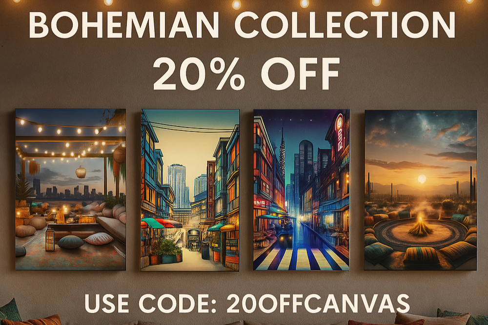Promotional banner for Bohemian Collection with four artistic cityscape paintings on a wall, showcasing the 20% off discount code: 20OFFCANVAS.