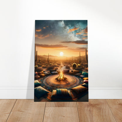 Bohemian campfire scene in the desert with cushions, rugs, and cacti at sunset.