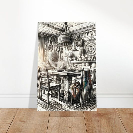 Hand-drawn sketch of a bohemian dining area with a rustic table, mismatched chairs, and colorful wall hangings in a cozy, artistic space.