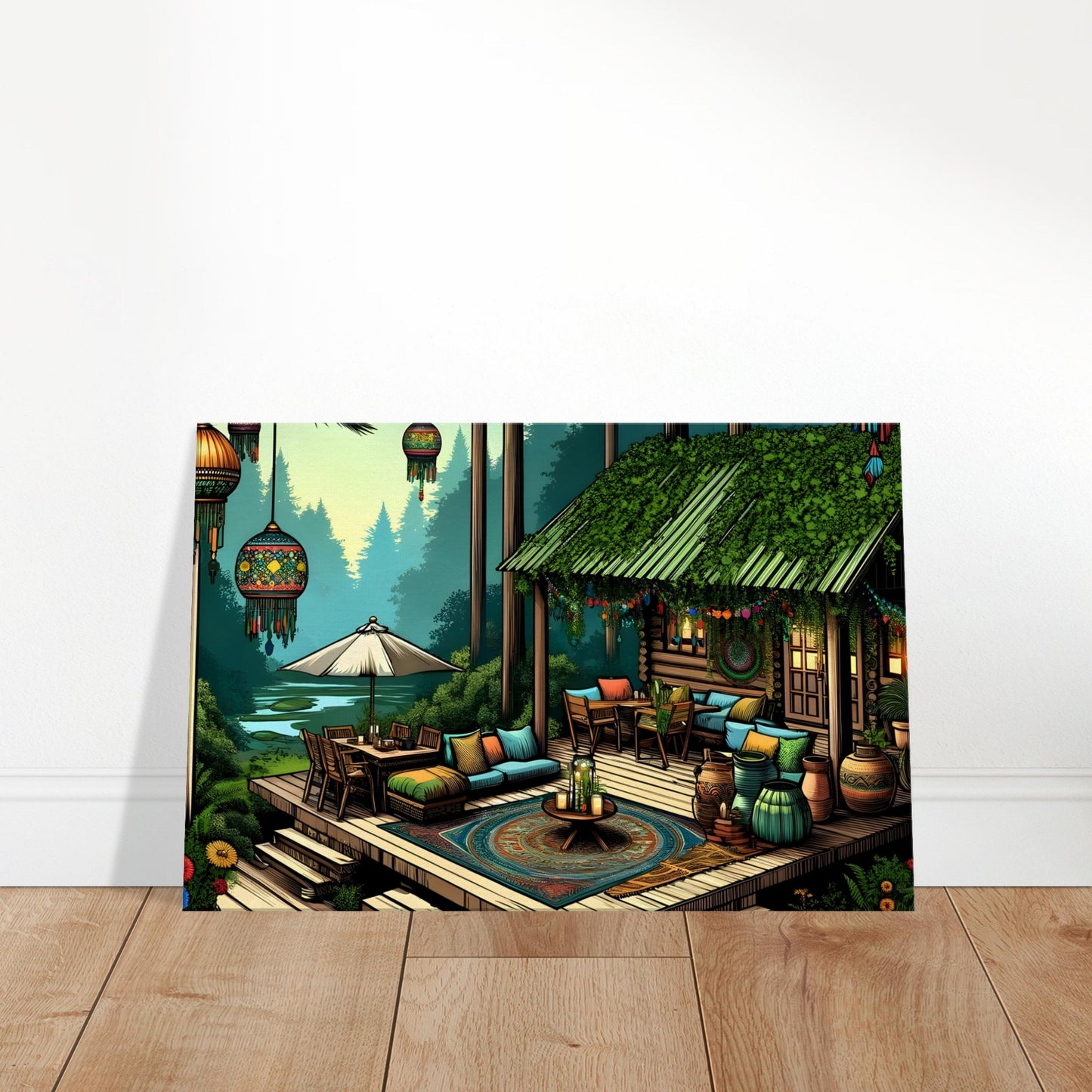 Pop art canvas of a bohemian forest retreat with colorful cushions, lanterns, and floral elements in a tranquil woodland setting.