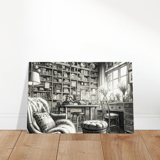 Hand-drawn sketch of a bohemian home library with a tall book-filled shelf, cozy reading chair, and eclectic boho decor elements.