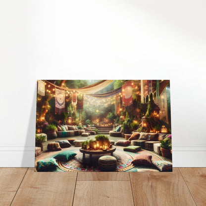 Bohemian jungle garden with twilight fire pit, hanging lights, and lush foliage.