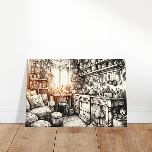 Hand-drawn sketch of a bohemian kitchen with open shelves, vintage cookware, and eclectic decor items.