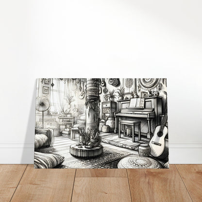 Hand-drawn sketch of a bohemian music room with a piano, guitar, cozy seating, and vintage musical decor.