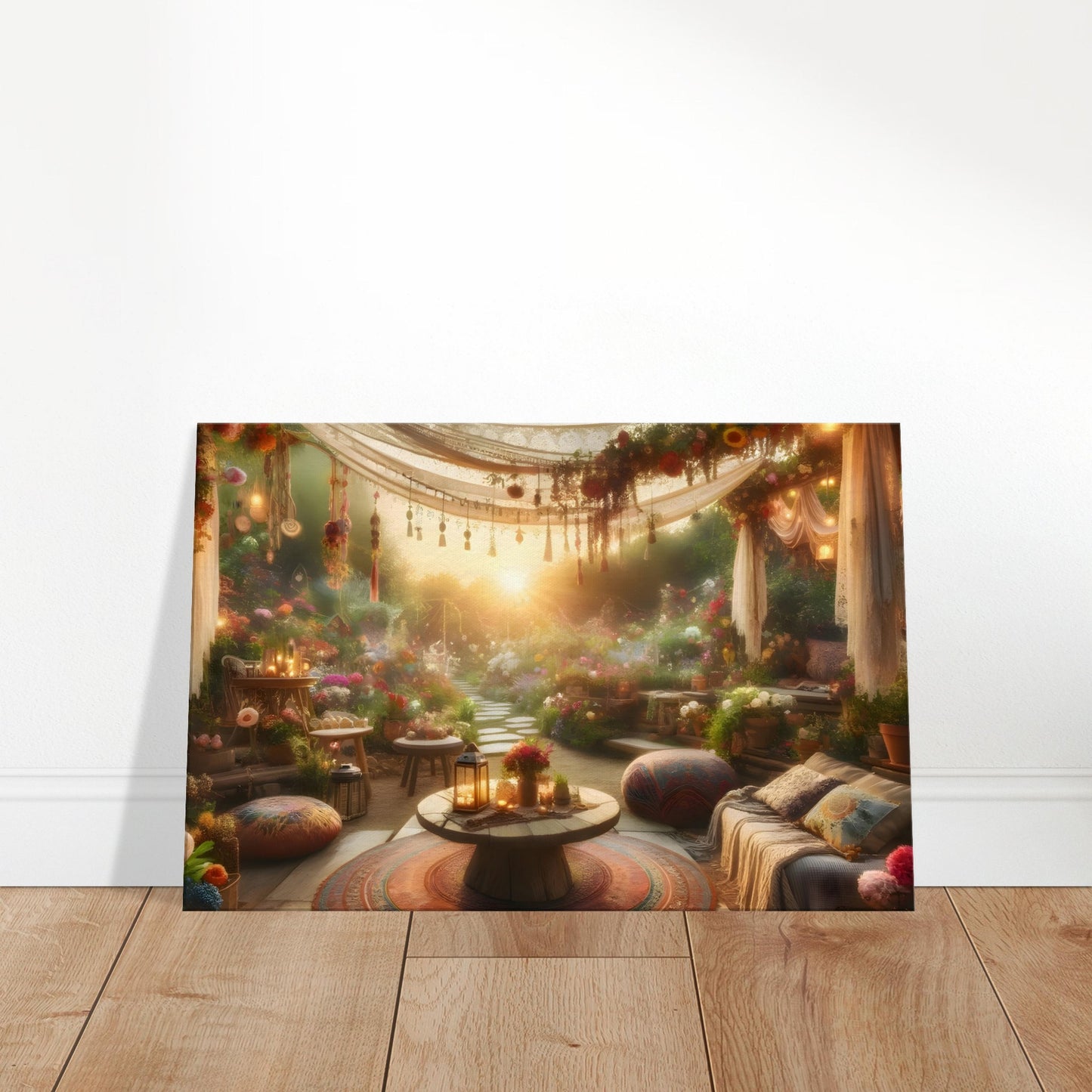 Bohemian garden with lanterns, floral canopy, cozy cushions, and golden hour lighting.