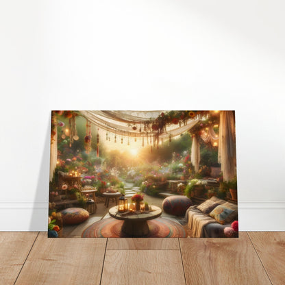 Bohemian garden with lanterns, floral canopy, cozy cushions, and golden hour lighting.