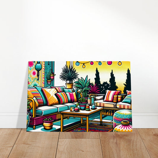 Pop art canvas of a colorful bohemian patio with a cushioned sofa, patterned rug, hanging plants, and string lights in a vibrant outdoor setting.