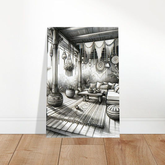 Hand-drawn sketch of a bohemian patio with hanging macrame, lush planters, cushions, and natural decor in a cozy garden setting.