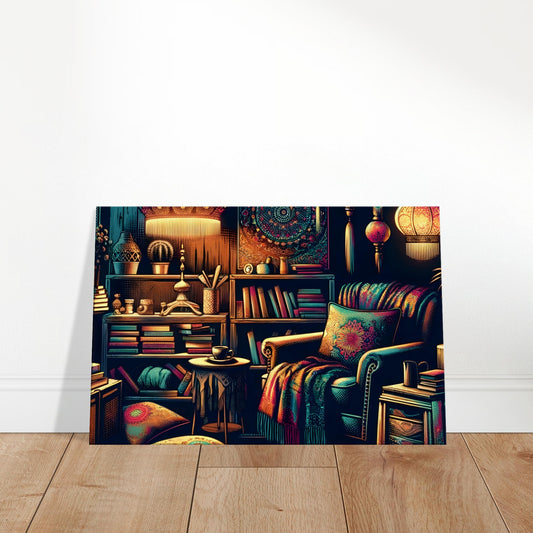 Pop art canvas of a bohemian reading nook with an armchair, colorful pillows, bookshelves, hanging lanterns, and richly patterned decor.
