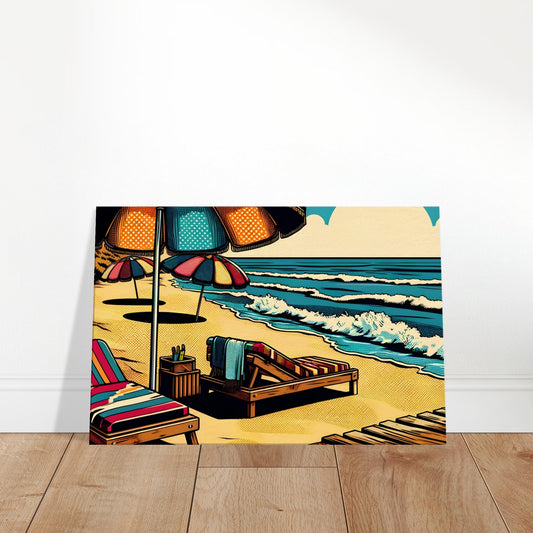 Pop art-style beach scene with colorful umbrellas, surfboards, and bohemian elements like dreamcatchers and textiles.