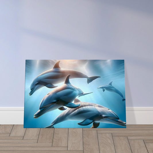 Hyper-realistic image of three bottlenose dolphins swimming near the ocean surface with light reflecting on the water.