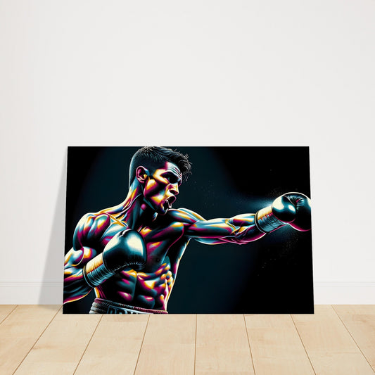 A boxer mid-punch with muscles tensed and fierce focus, highlighted by dramatic lighting.