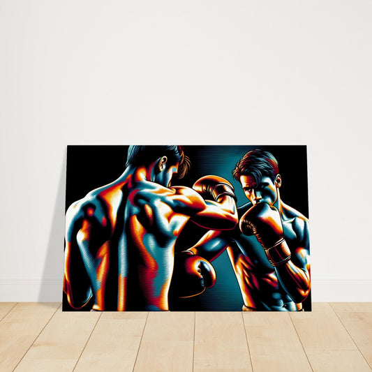 Canvas print depicting two boxers sparring, highlighted by dramatic lighting emphasizing their muscular physiques.