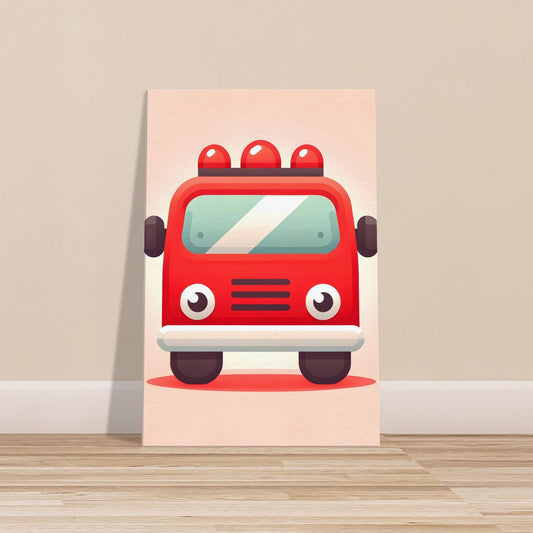 Cartoon-style red fire truck with large eyes on a light red to white gradient background.
