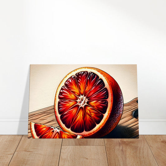 Canvas art depicting a sliced blood orange with deep crimson flesh and bright orange peel on a wooden cutting board.