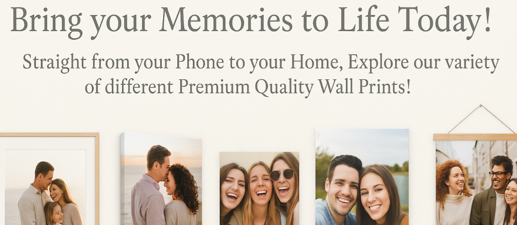 Create your own personalised wall art, upload your photos from your phone straight onto premium wall print.